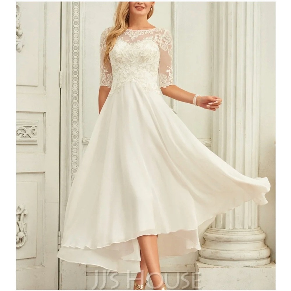 JJs House Chiffon Midi Wedding Dress Ivory Embroidered Lace US 8 Modest Gown-NWT
